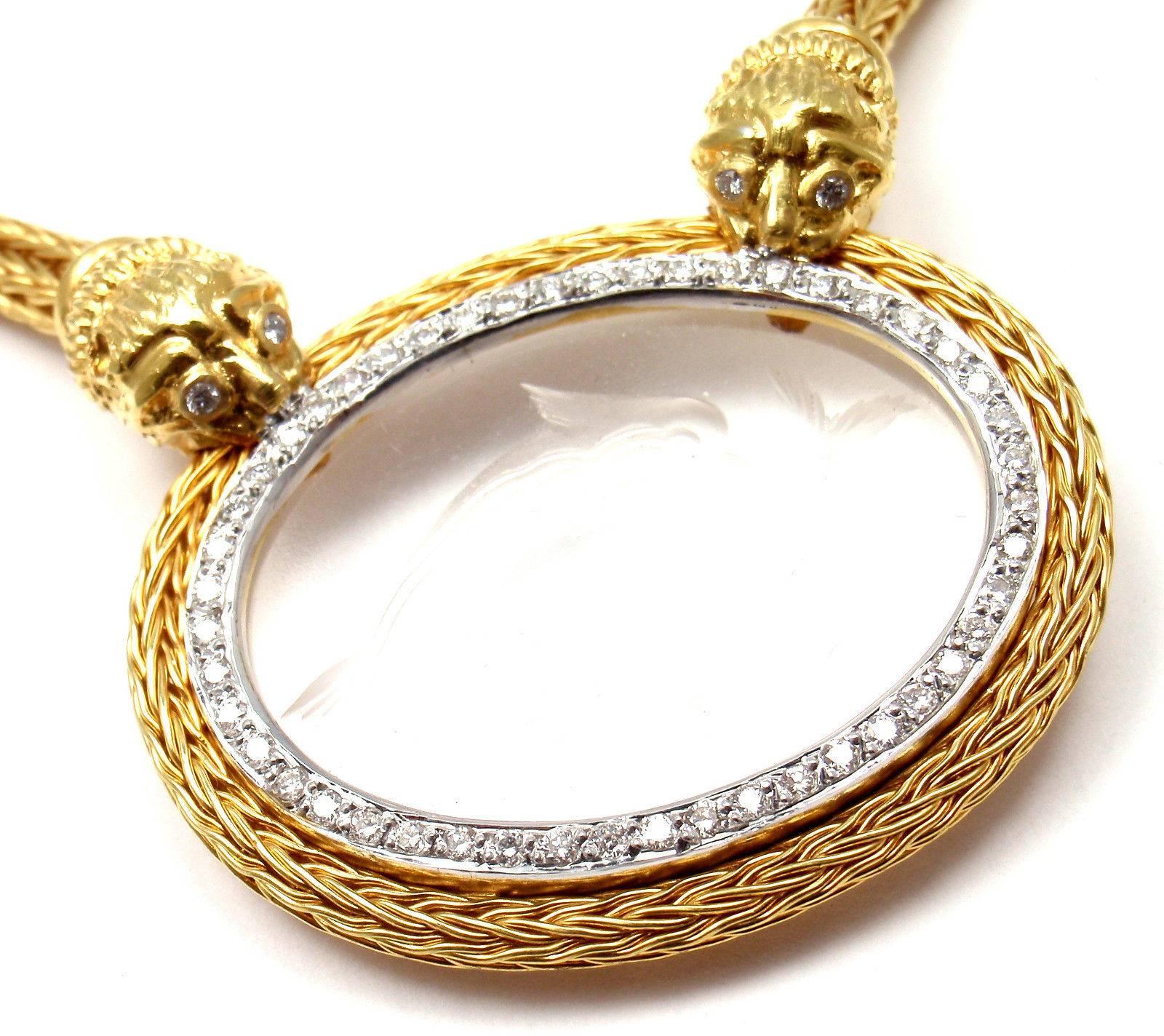 18k Yellow Gold Diamond Rock Crystal Dolphin Necklace 
By Illias Lalaounis Greece
With 52 round brilliant cut diamonds VS1 clarity, G color 
total weight approx. 1ct

Details:
Length: 17