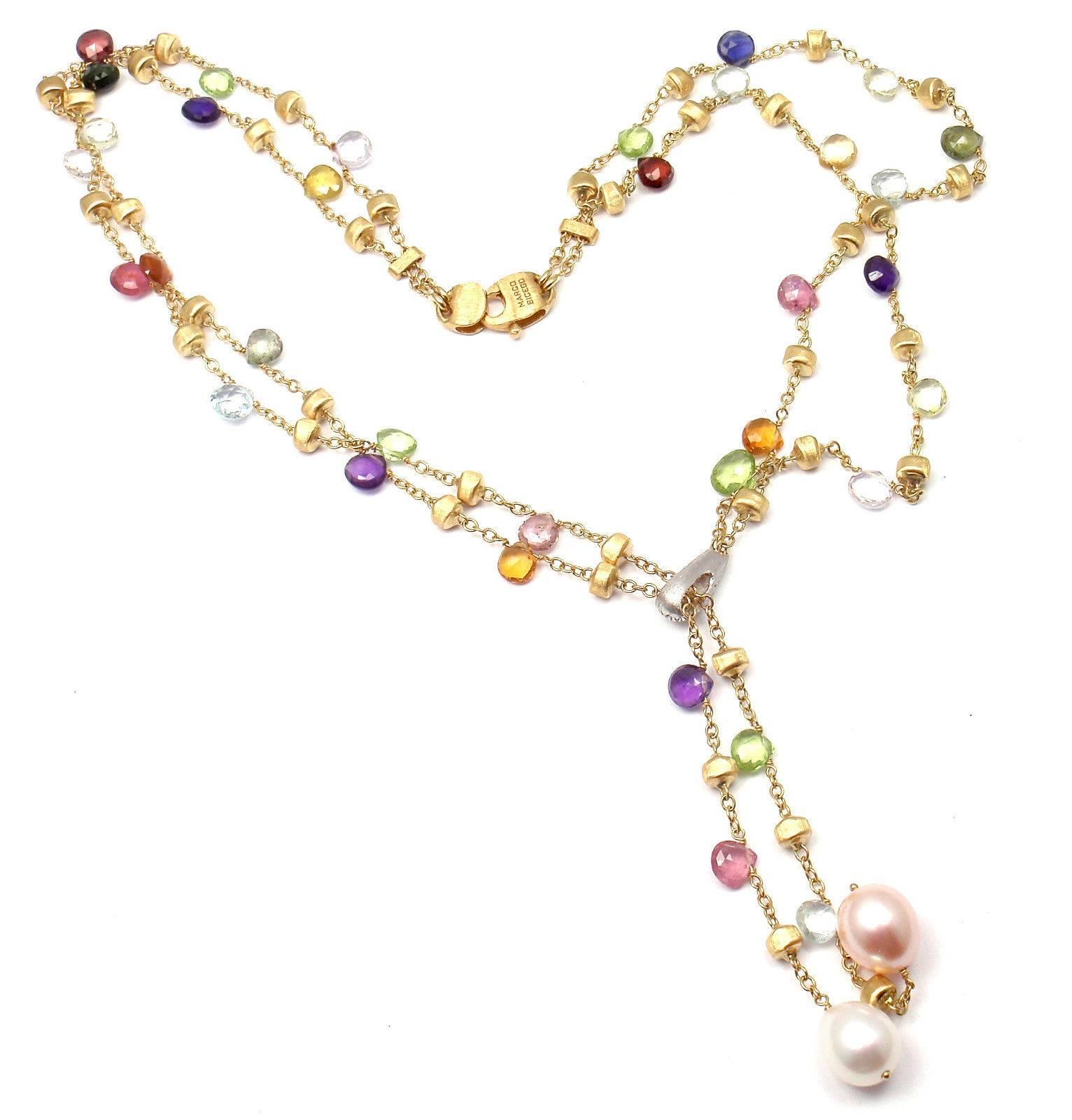Marco Bicego Paradise Multicolor Gemstone Diamond Gold Lariat Necklace In New Condition In Holland, PA