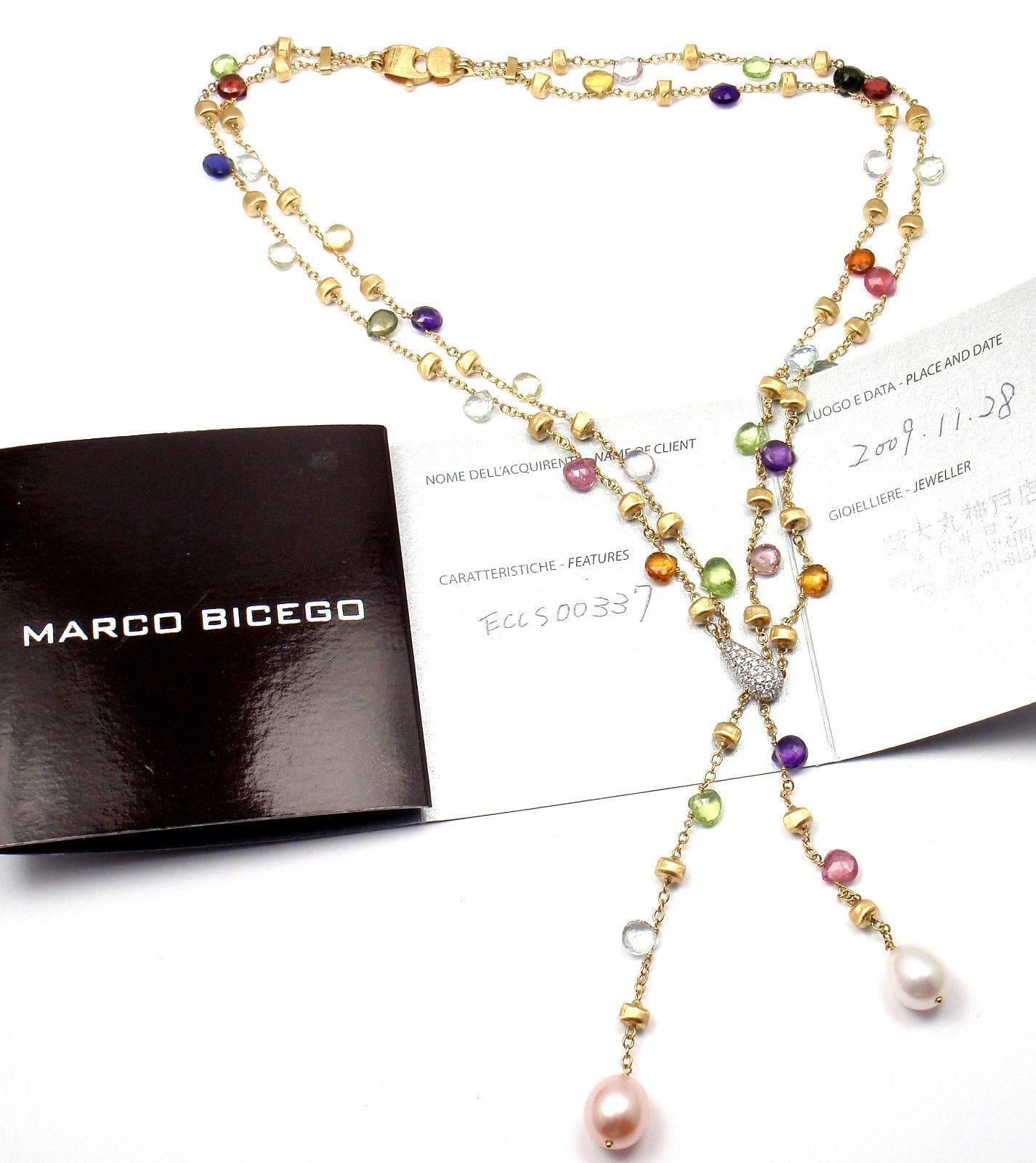 Women's or Men's Marco Bicego Paradise Multicolor Gemstone Diamond Gold Lariat Necklace