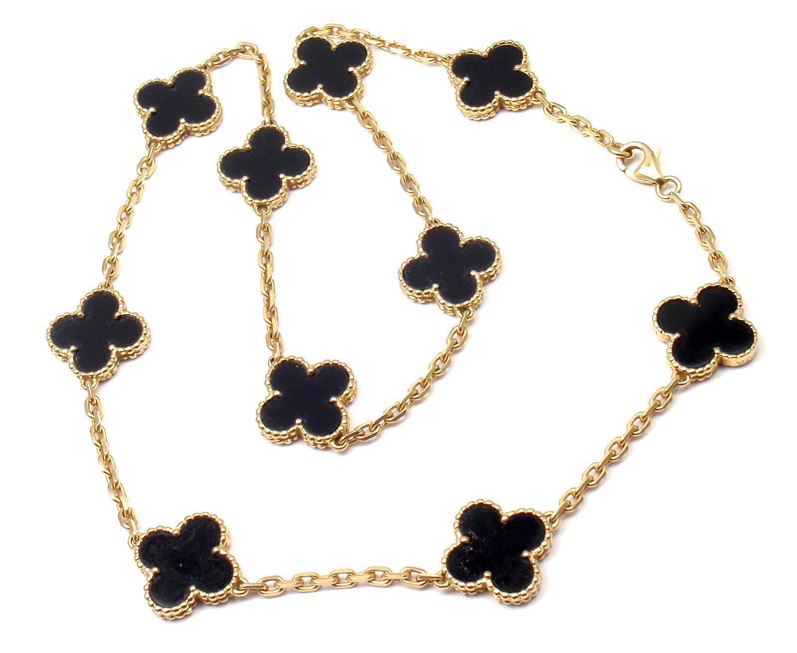 18k Yellow Gold Alhambra Ten Motif Black Onyx Necklace by
Van Cleef & Arpels, 
With 10 motifs of black onyx Alhambra stones, 15mm each.

Details:
Length: 17