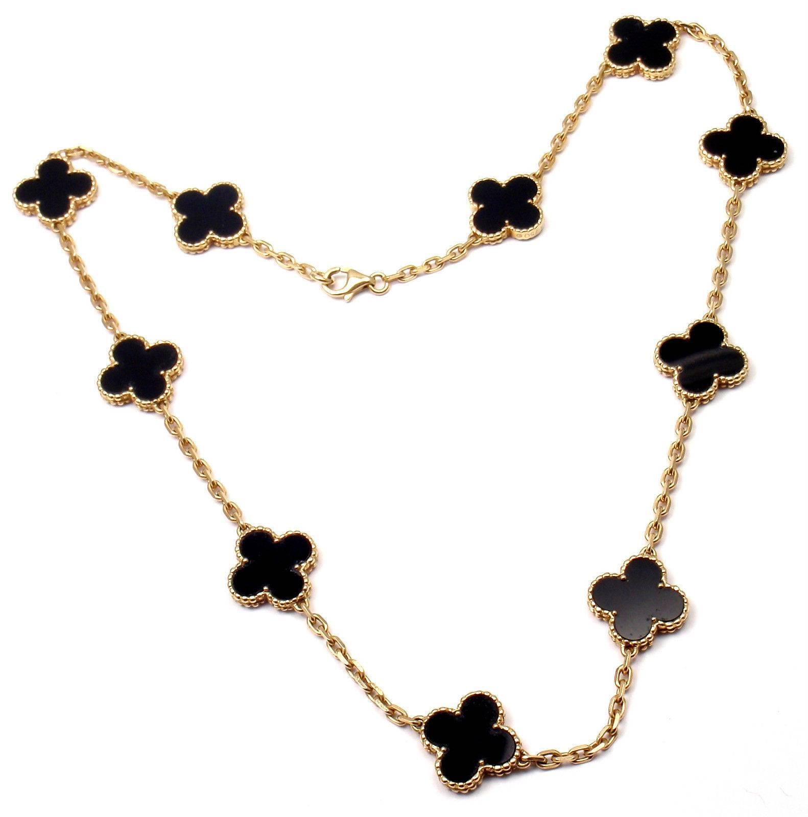 Women's or Men's Van Cleef & Arpels Vintage Alhambra Onyx Gold 10 Motif Necklace