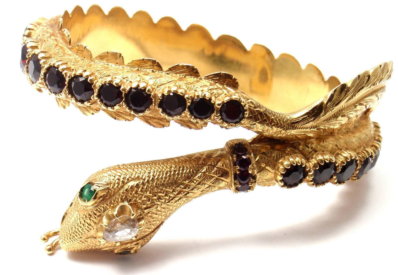 Women's or Men's 1960s Giulio Nardi Venetian Garnet Emerald Diamond Gold Snake Bangle Bracelet