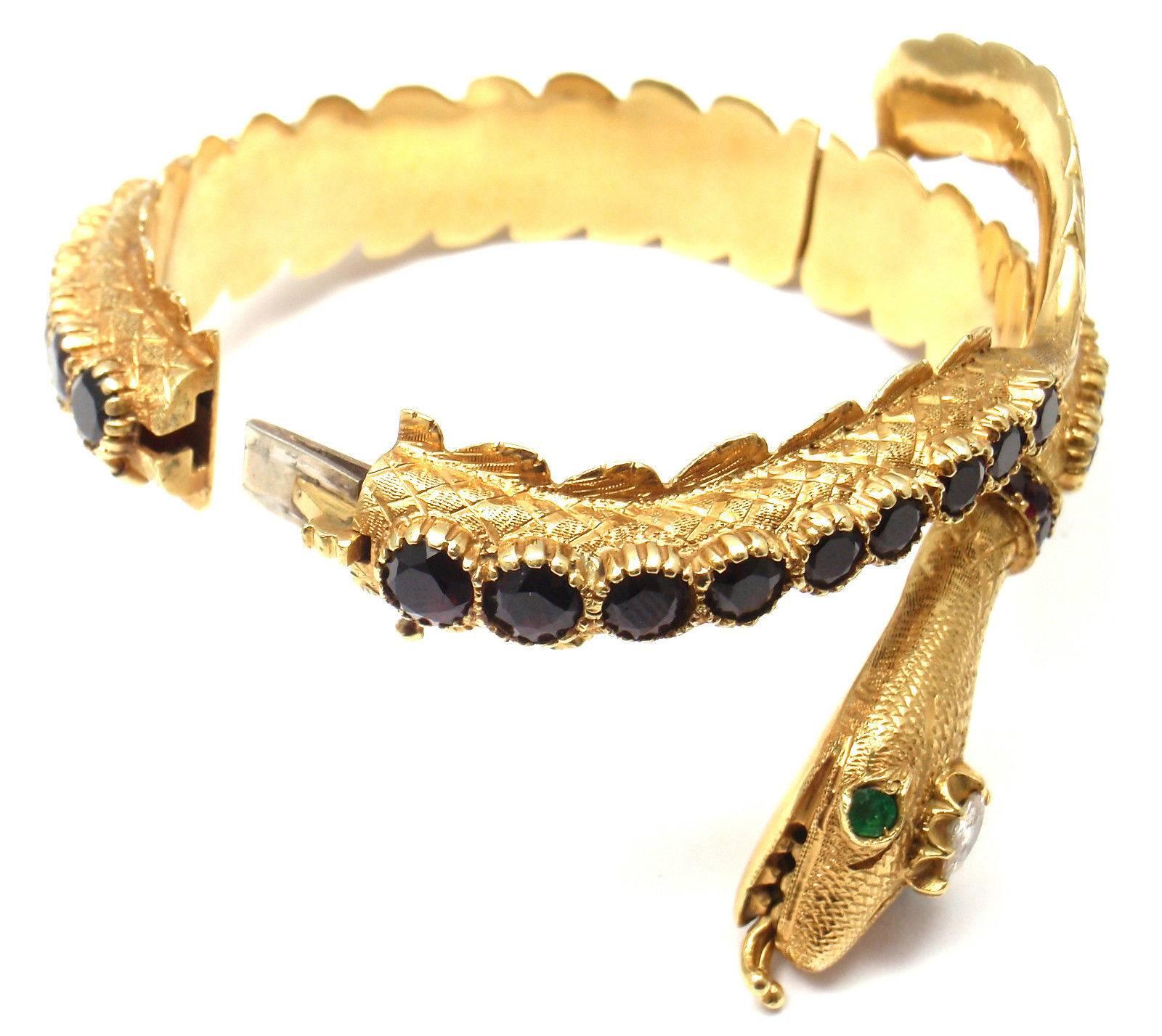 1960s Giulio Nardi Venetian Garnet Emerald Diamond Gold Snake Bangle Bracelet 1