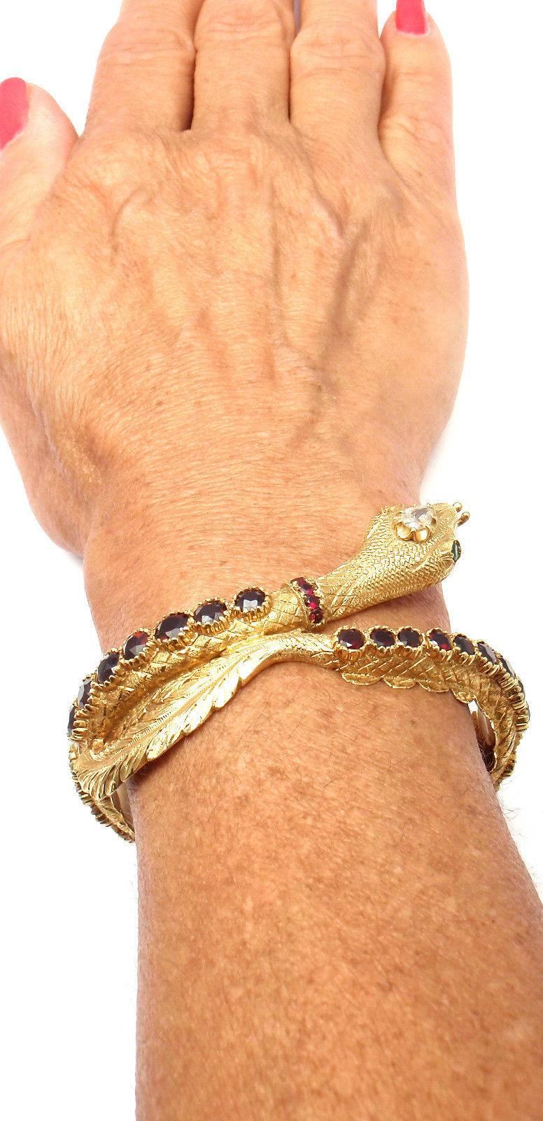 1960s Giulio Nardi Venetian Garnet Emerald Diamond Gold Snake Bangle Bracelet 2