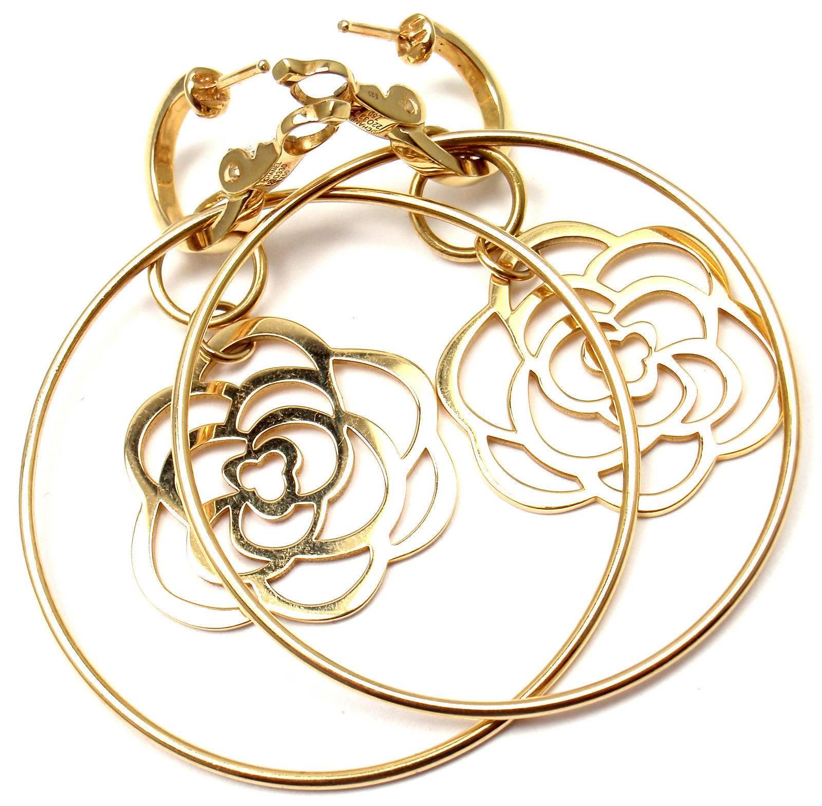 Women's or Men's Chanel Camelia Large Gold Flower Hoop Earrings