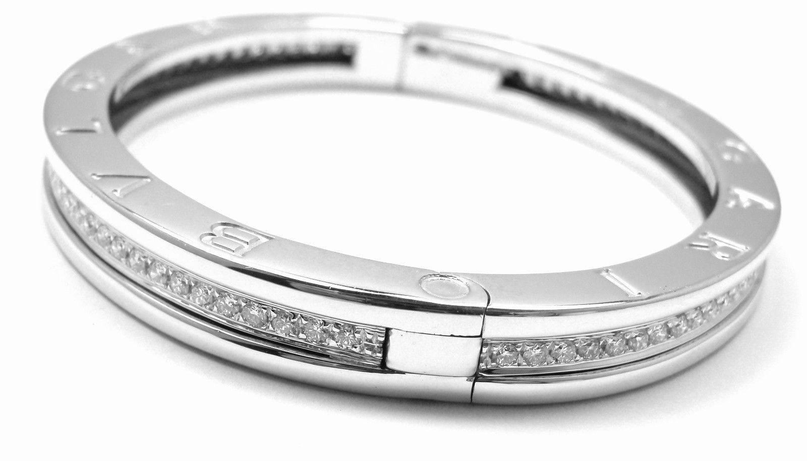 18k White Gold B.Zero Diamond Bangle Bracelet by Bulgari. 
With Round brilliant cut diamonds VVS1 clarity, E color total weight approx. 2ct
This bracelet comes with Bulgari box.

Details: 
Weight: 50.1 grams
Length: 7