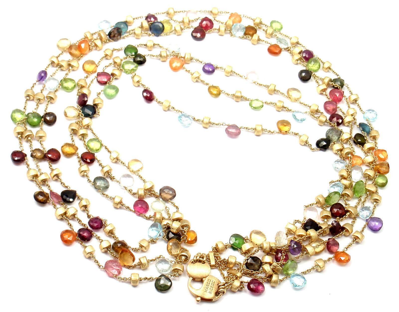 Marco Bicego Paradise 3-Row Multicolor Gemstone 32 Inch Long Gold Necklace In New Condition In Holland, PA