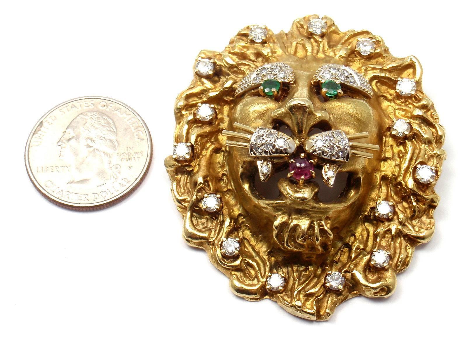 Hammerman Brothers Emerald Ruby Diamond Gold Lion Pendant Pin Brooch 1