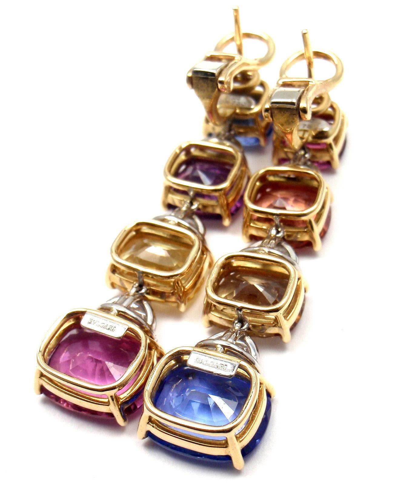 Bulgari Multicolor Sapphire Diamond Gold Platinum Drop Earrings In New Condition In Holland, PA