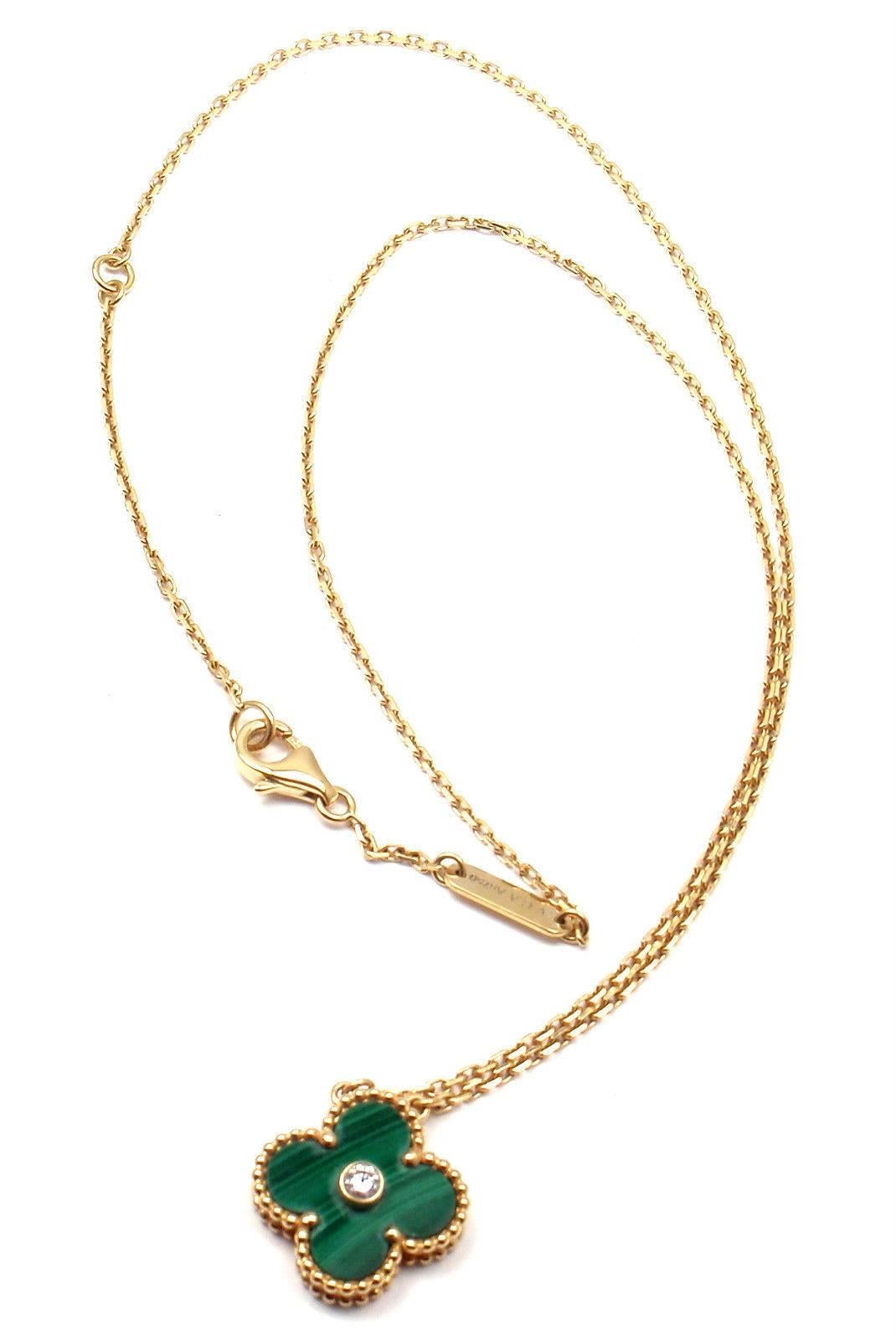 18k Yellow Gold Limited Edition Alhambra Diamond Malachite Necklace
With 1 alhambra shape malachite and a round brilliant cut diamond VVS1 clarity, D color total weight approx. .05ct
This necklace was created in limited by Van Cleef & Arpels to