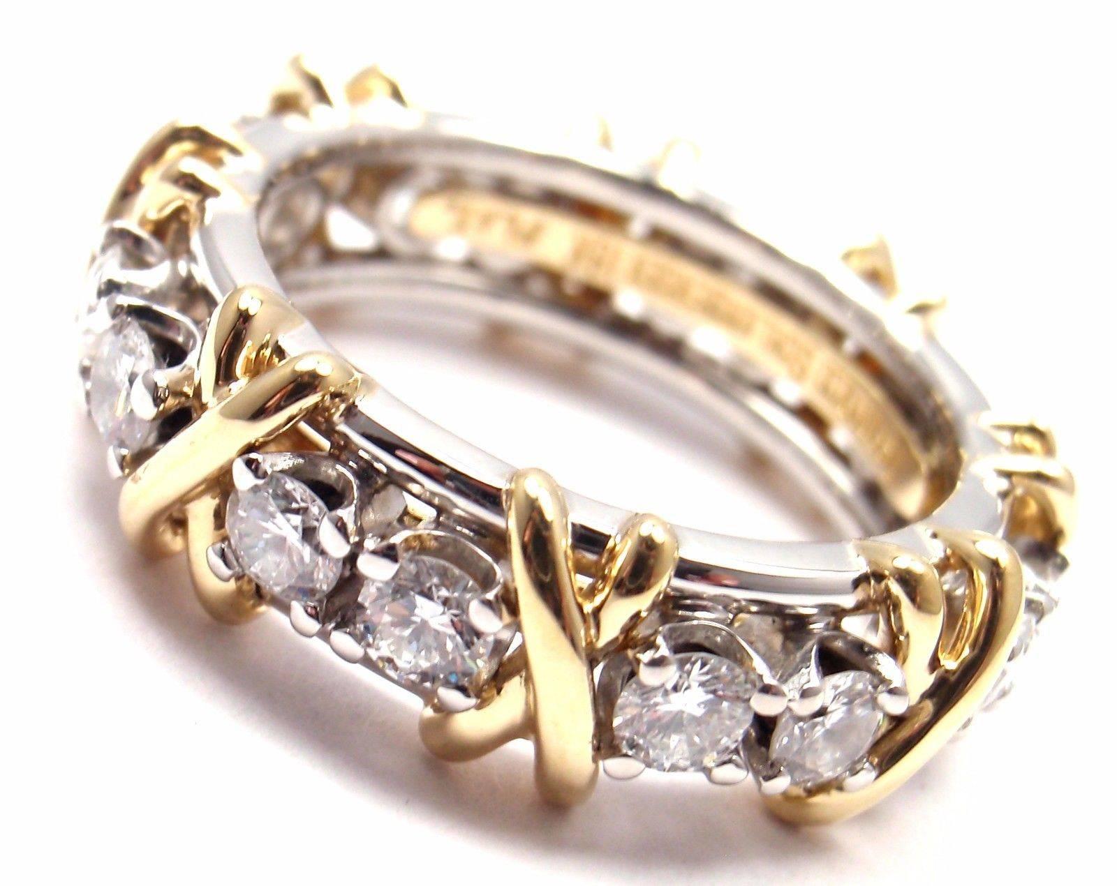 18k Yellow Gold & Platinum Diamond Jean Schlumberger Band Ring designed for Tiffany & Co. 

With 16 Round Brilliant Cut Diamonds VS1 clarity, G color, Total weight Approx 1.14ct
This ring comes with Tiffany & Co box.

Details:
Ring Size: