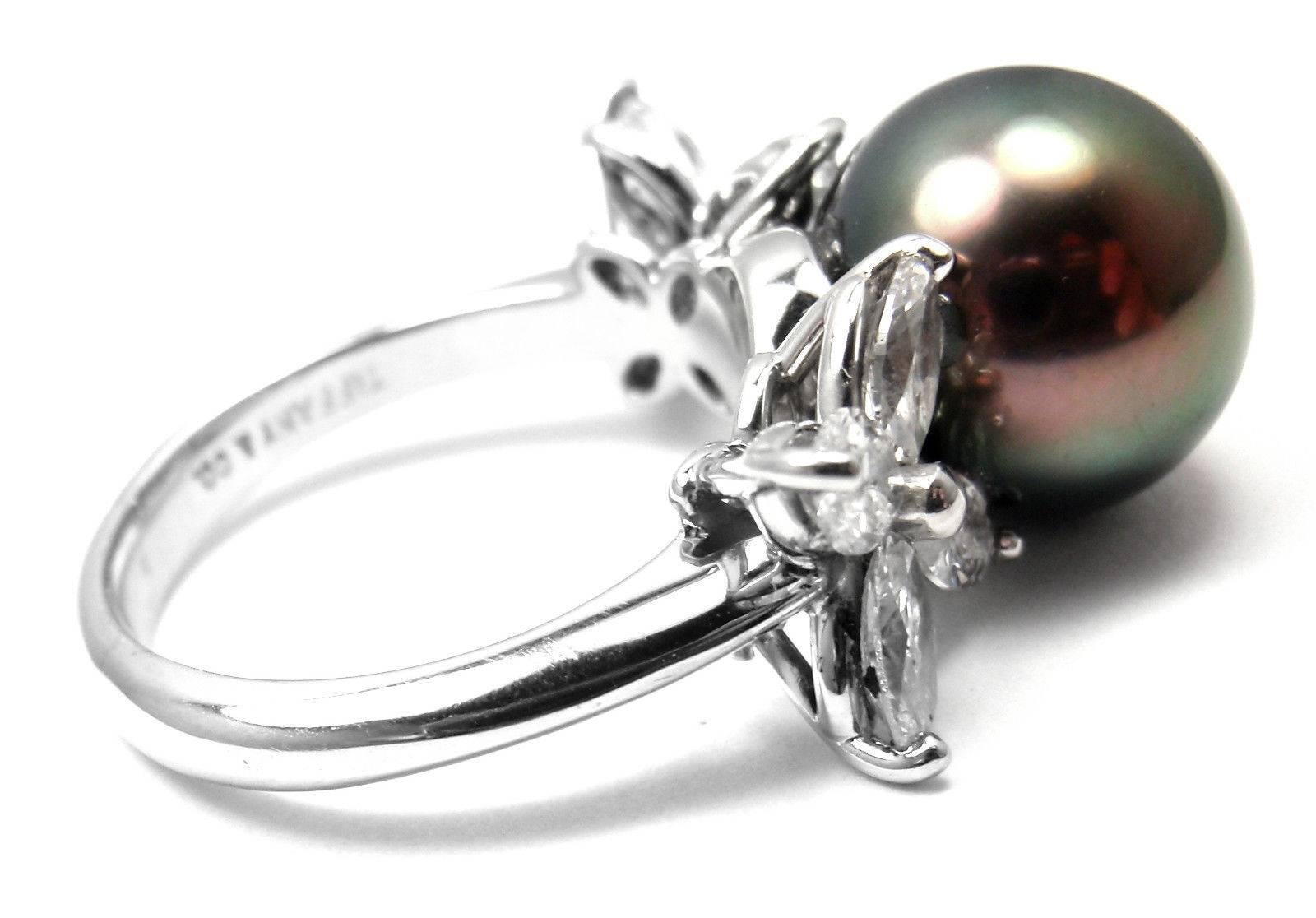 Tiffany & Co. Victoria Large Tahitian Pearl Diamond Platinum Ring In New Condition In Holland, PA