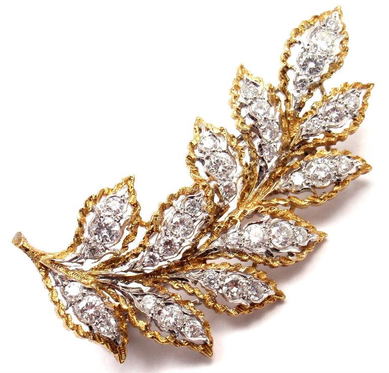 Mario Buccellati Diamond Gold Leaf Pin Brooch at 1stDibs
