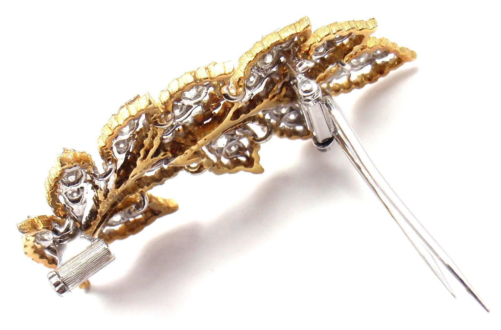 18k Yellow Gold And Diamonds Leaf Brooch Pin by Mario Buccellati. 
With 37 round brilliant cut diamonds VS1 clarity, G color total weigh approx. 1.50ct

Details: 
Weight: 10.3 grams
Measurements: 2