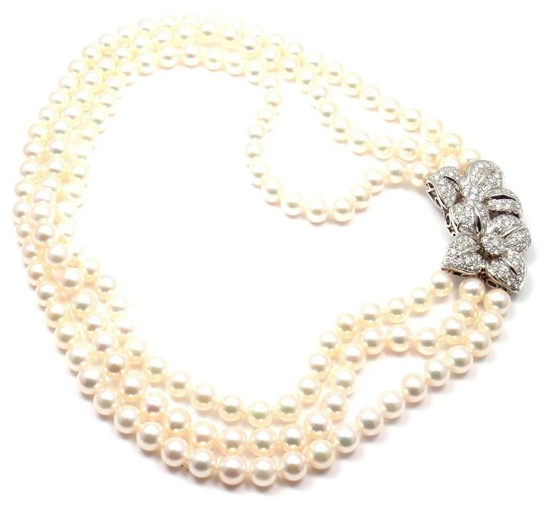 Mikimoto Triple Strand Cultured Akoya Pearl Diamond Platinum Necklace at 1stDibs | akoya triple 