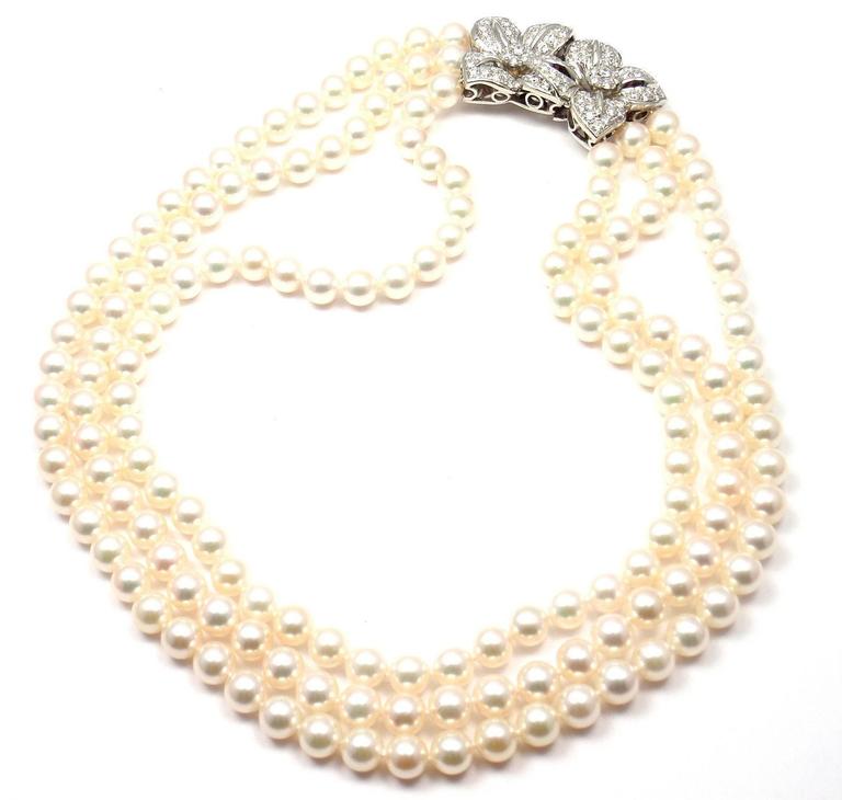 Mikimoto Triple Strand Cultured Akoya Pearl Diamond Platinum Necklace ...