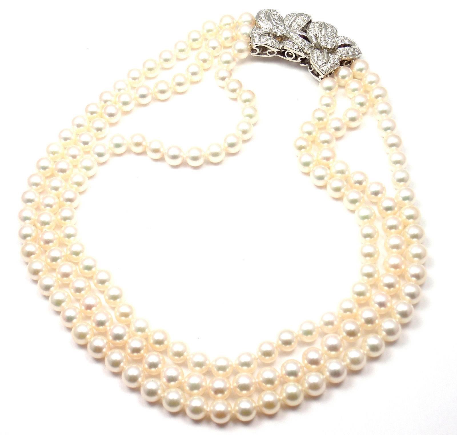 Women's or Men's Mikimoto Triple Strand Cultured Akoya Pearl Diamond Platinum Necklace