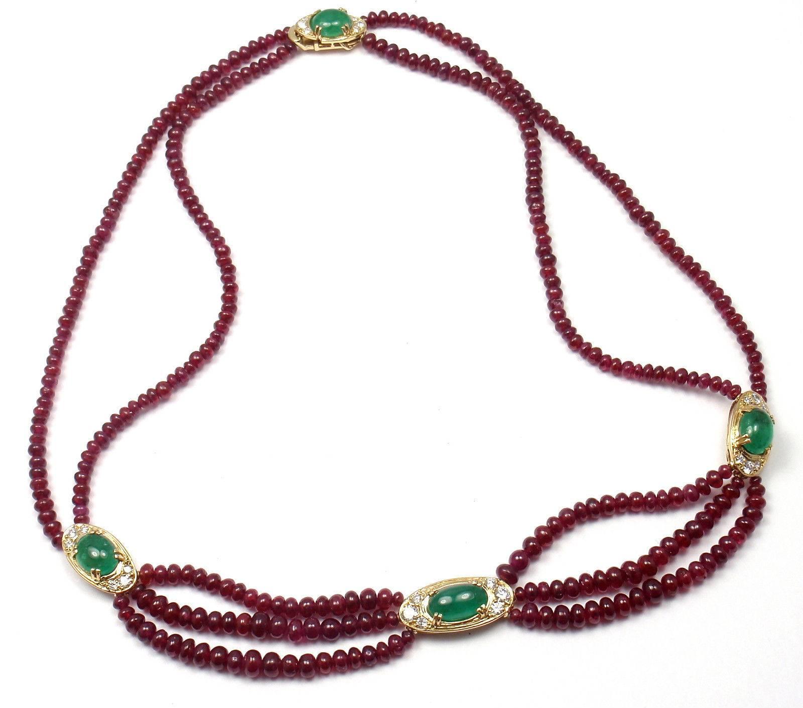 18k Yellow Gold Ruby Beads Emerald And Diamond Necklace.
This necklace comes with the service paper from Van Cleef & Arpels store in Japan.
With 24 round brilliant cut diamonds VVS1 clarity, E color total weight approx. .60ct
4 gorgeous color