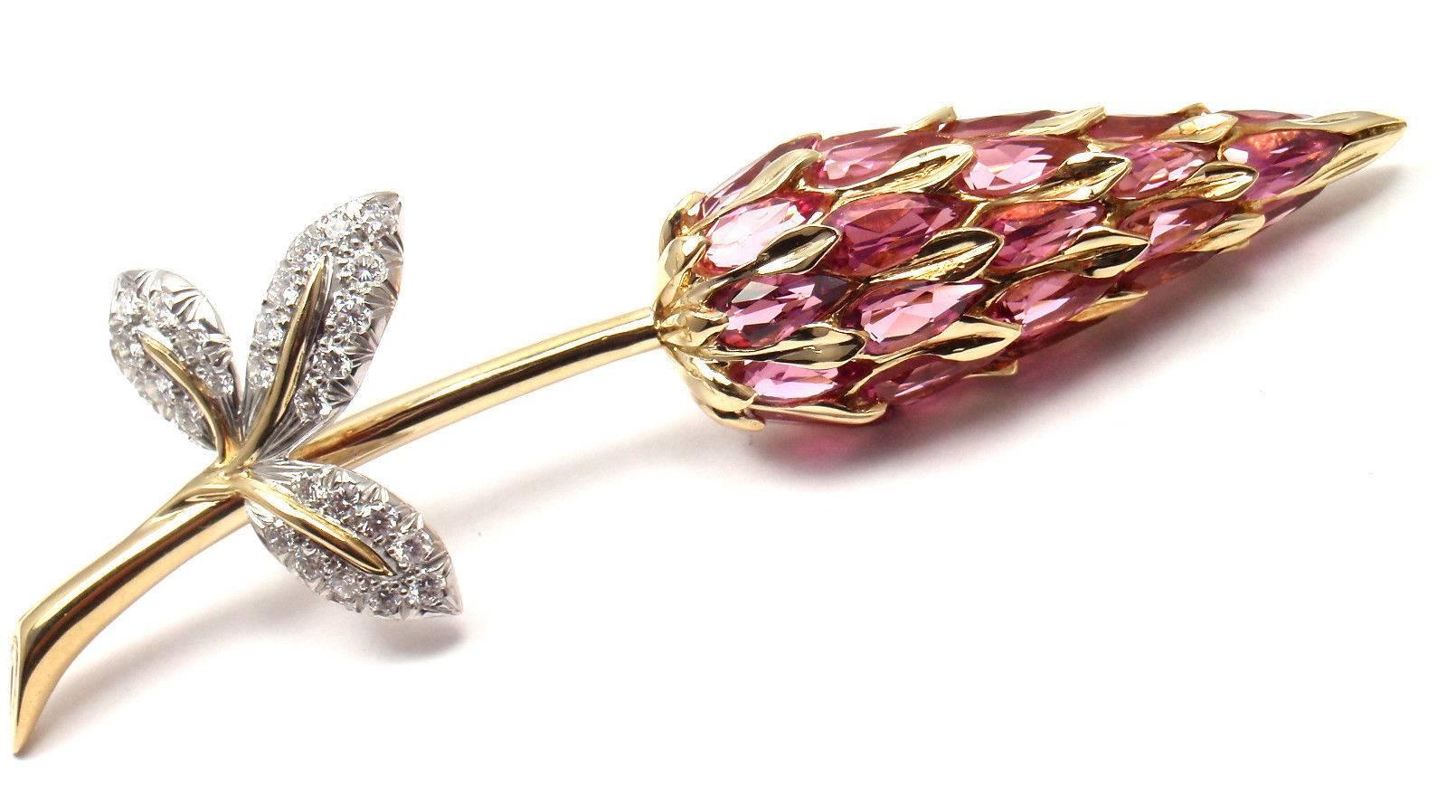 18k Yellow Gold Diamond Pink Tourmaline Pin Brooch by Jean Schlumberger for Tiffany & Co.  
With 26 round brilliant cut diamonds VVS1 clarity, E color total weight approx. .75ct
25 pink tourmaline stones

Details:  
Weight: 16.6