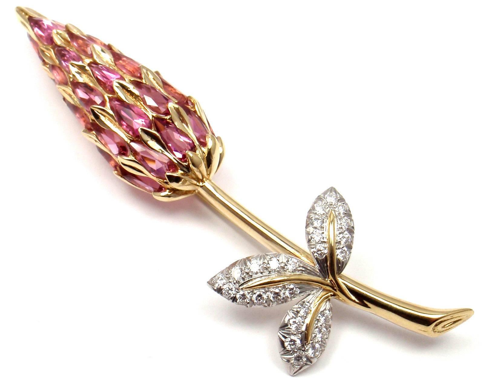 Women's or Men's Tiffany & Co. Schlumberger Pink Tourmaline Diamond Gold Pin Brooch