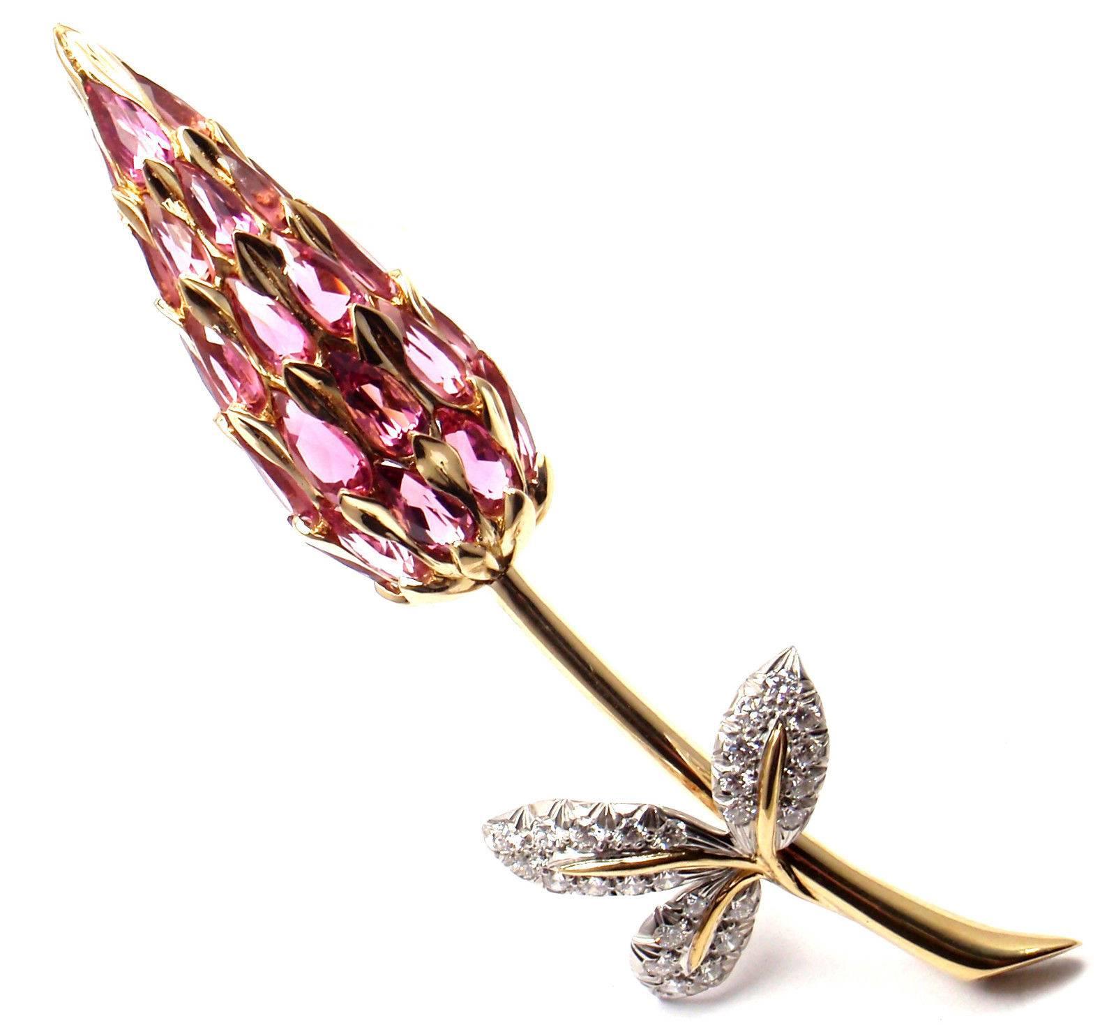 Tiffany & Co. Schlumberger Pink Tourmaline Diamond Gold Pin Brooch 1