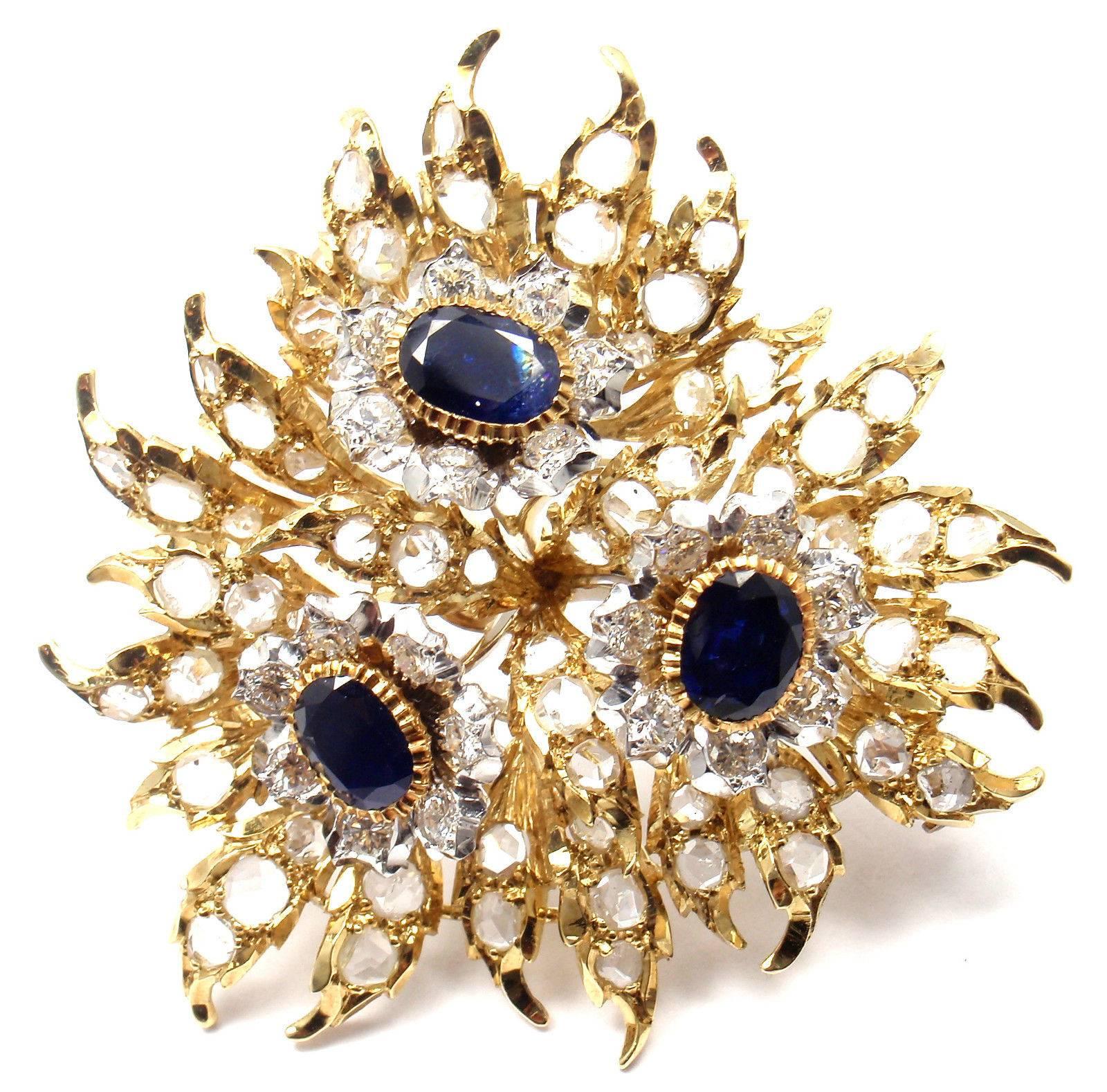 18k Yellow Gold 6ct Diamond Sapphire Pin Brooch Pin by Buccellati.  
With 21 brilliant cut diamonds VS1 clarity, G color total weight approx. 1.25ct
56 rose cut diamonds total weight approx. 4.75ct
3 sapphires total weight approx. 3ct

Details: