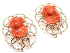 Raymond Yard Two Carved Coral Cameo Gold Pins Brooches