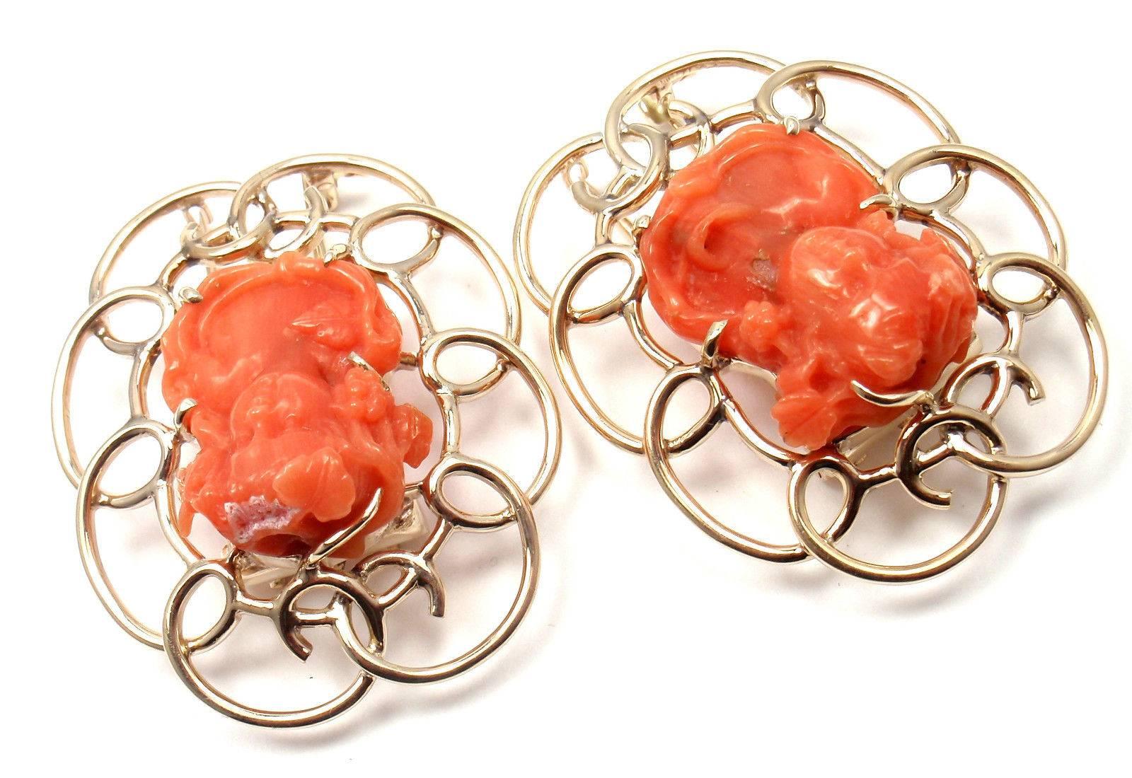 Women's or Men's Raymond Yard Two Carved Coral Cameo Gold Pins Brooches