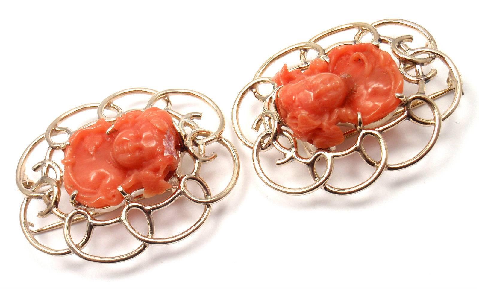 Raymond Yard Two Carved Coral Cameo Gold Pins Brooches In New Condition In Holland, PA