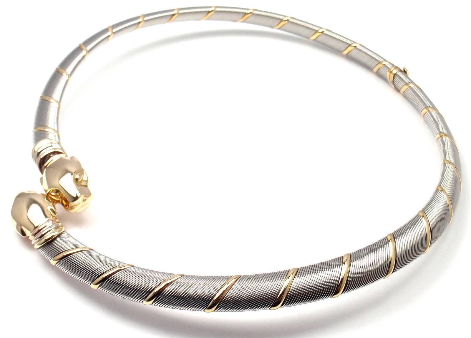 18k Tri-Color (Yellow, White, Pink) Gold And Stainless Steel Panther Necklace by Cartier. 
This beautiful necklace comes with its original Cartier box. 

Details: 
Weight: 72.6 grams
Length: 16
