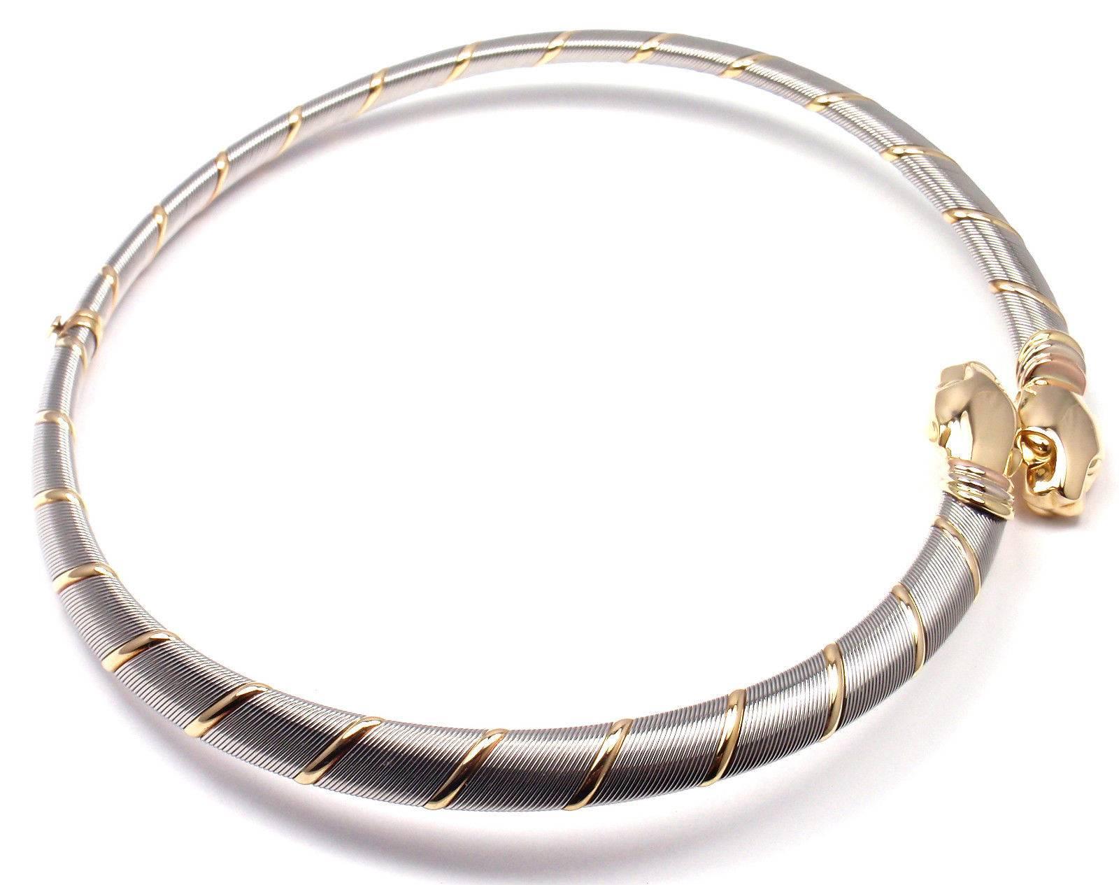 Cartier Panthere Panther Stainless Steel Three Color Gold Necklace In New Condition In Holland, PA