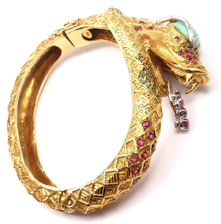 Turquoise Emerald Diamond Ruby Gold Dragon Snake Bangle Bracelet at ...