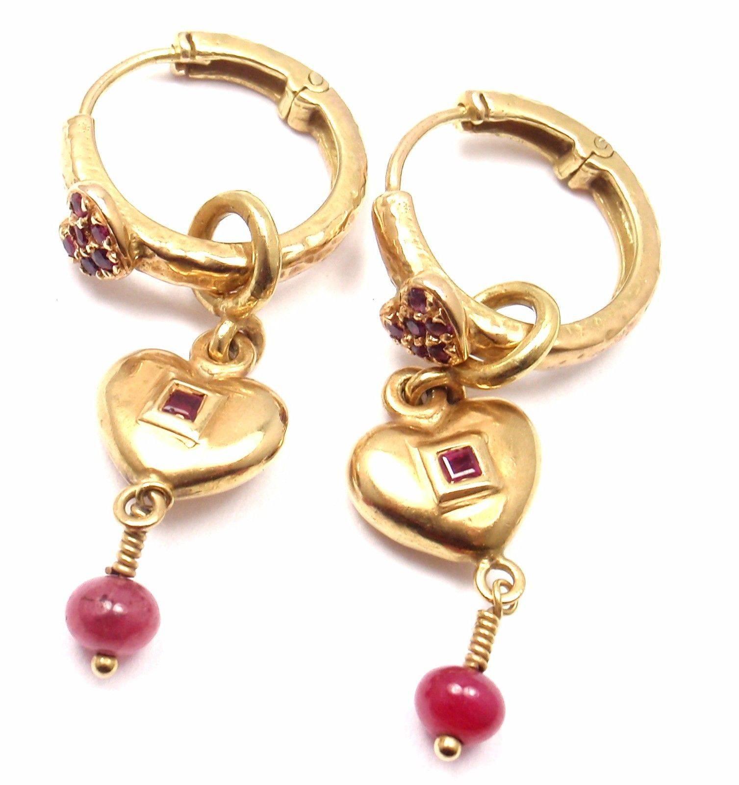 Women's or Men's Loree Rodkin Ruby Heart Enhancers Gold Hoop Earrings