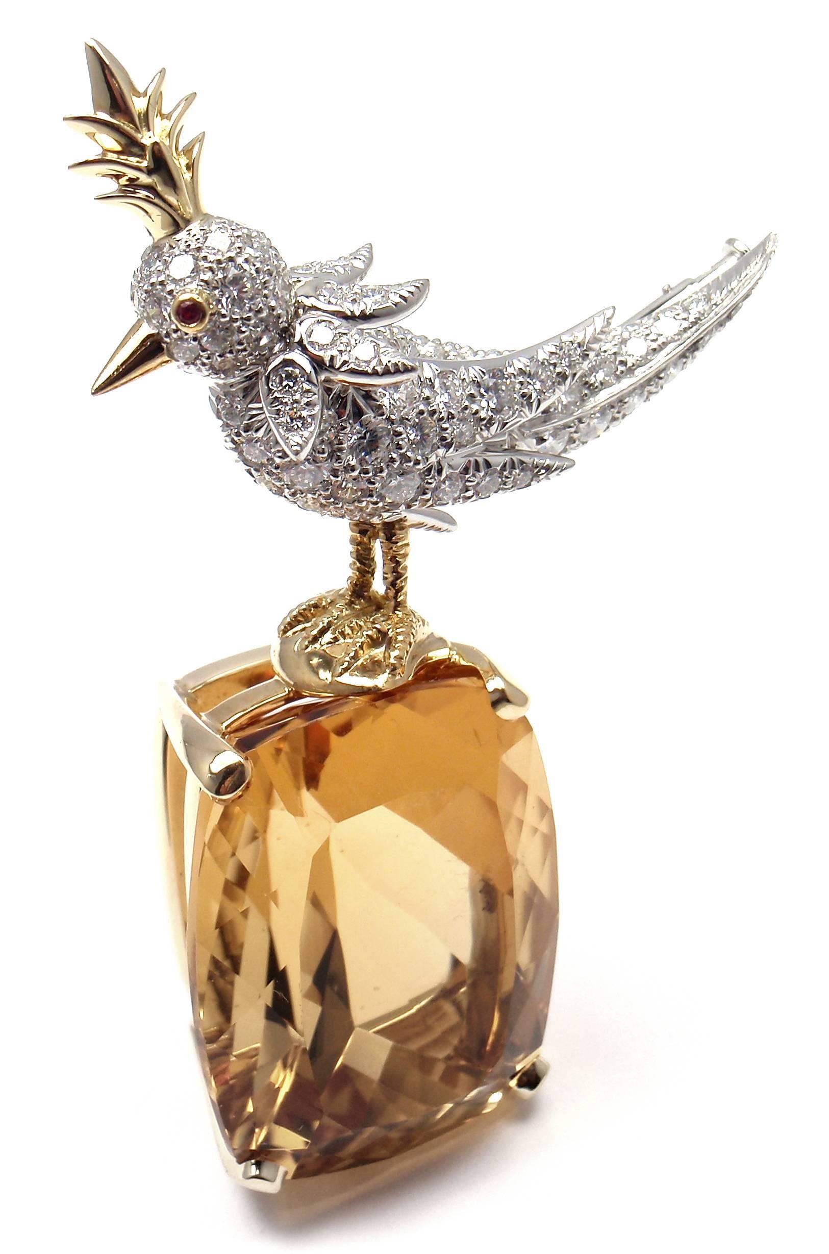 18k Yellow Gold and Platinum Diamond & Citrine Bird-on-a-Rock Brooch by Jean Schlumberger for Tiffany & Co.
This brooch comes with original Tiffany & Co box.
With round brilliant cut diamonds VVS1 clarity, E color total weight approx. 2.80ct and