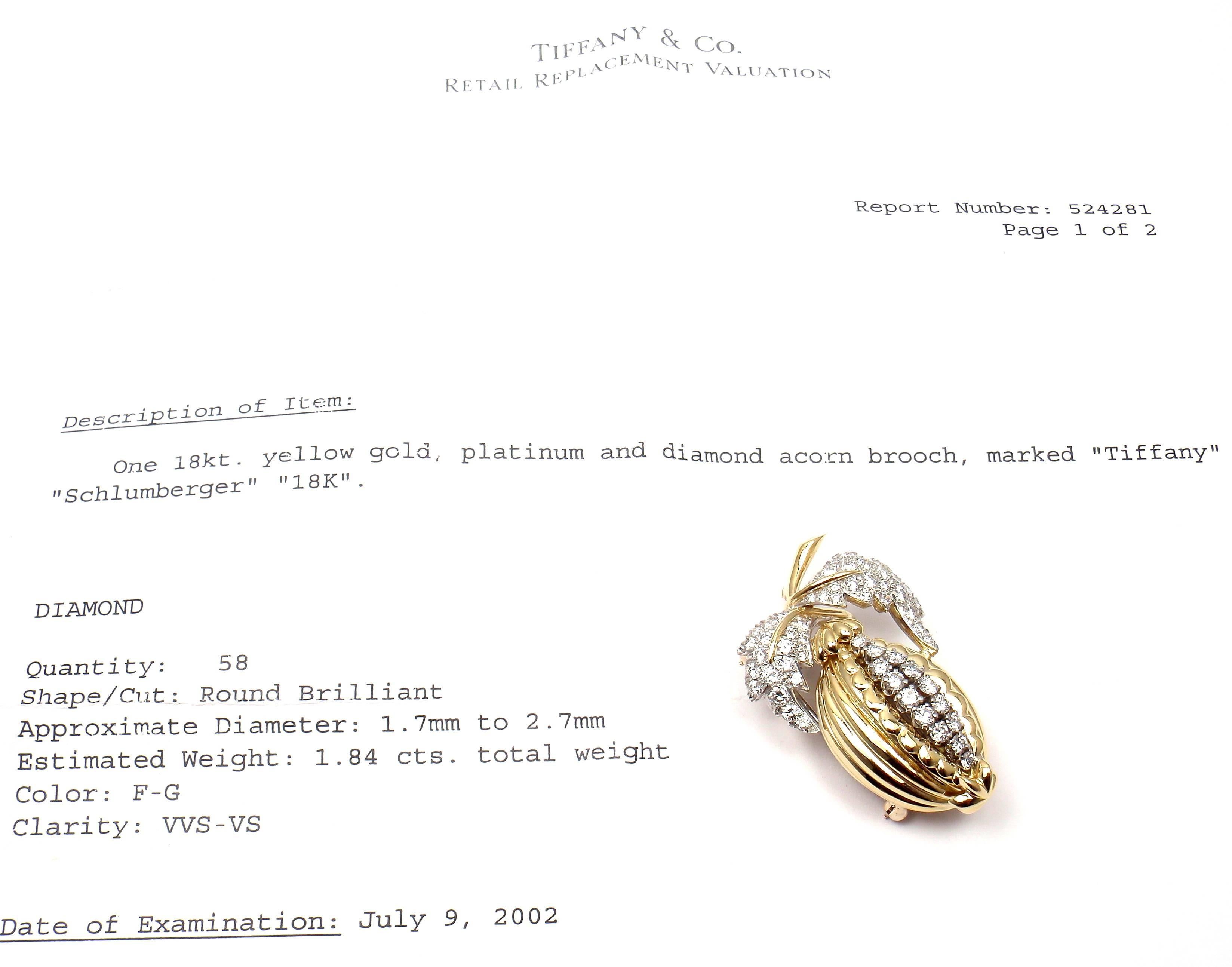 Tiffany & Co. Schlumberger Diamond Gold Platinum Acorn Pin Brooch In New Condition In Holland, PA