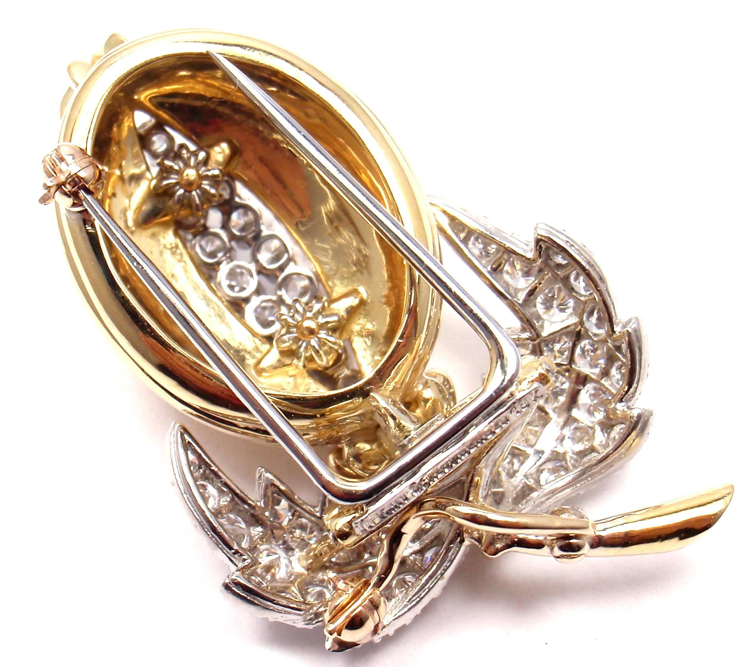 18k Yellow Gold and Platinum Diamond Acorn Pin Brooch by Jean Schlumberger for Tiffany & Co. 
This brooch comes with Tiffany & Co retail replacement valuation from July 9th, 2002 for $14,500
With 58 round brilliant cut diamonds VVS1 clarity, F