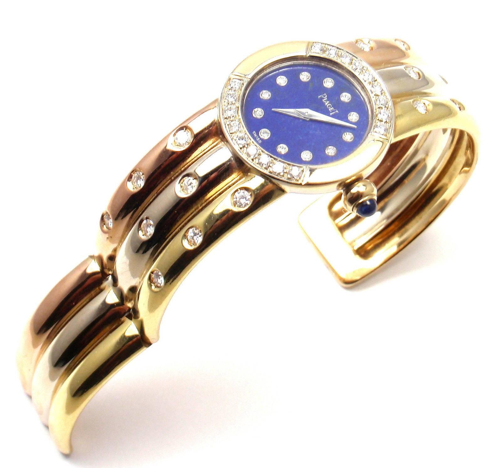 Piaget Tricolor Gold Diamond Lapis Dial Bracelet Wristwatch In New Condition In Holland, PA