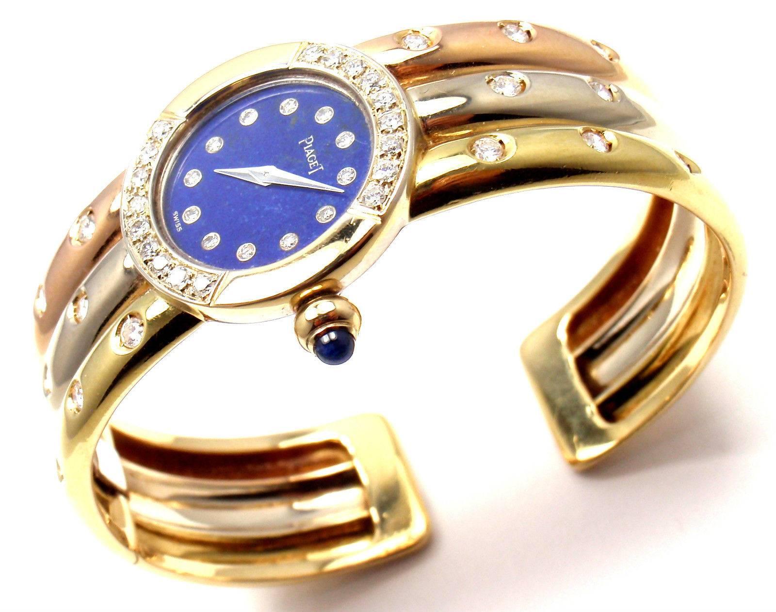 Women's or Men's Piaget Tricolor Gold Diamond Lapis Dial Bracelet Wristwatch