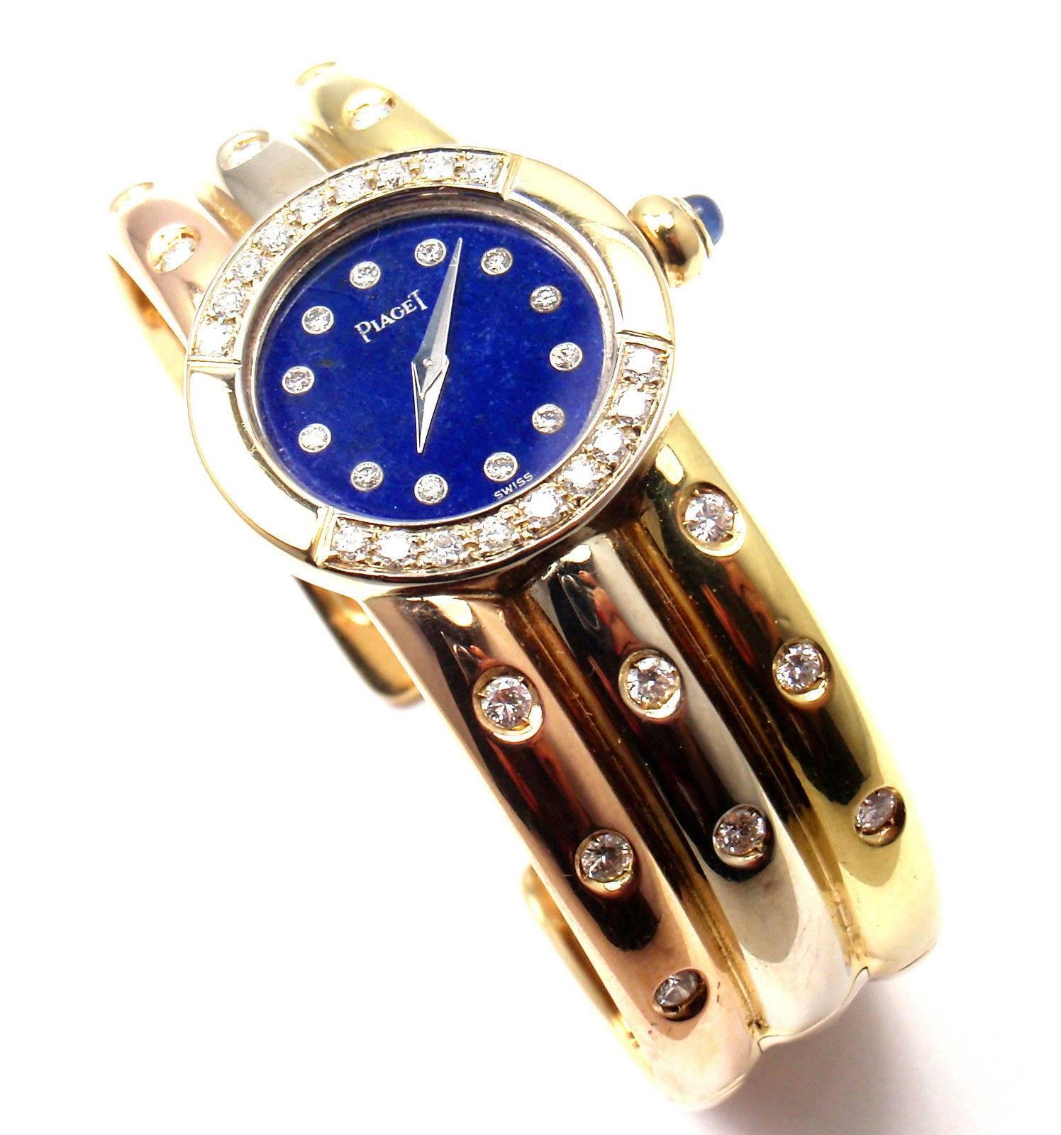 Piaget Tricolor Gold Diamond Lapis Dial Bracelet Wristwatch 4