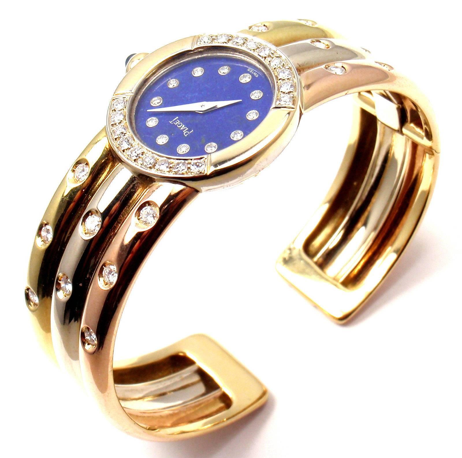 Piaget Tricolor Gold Diamond Lapis Dial Bracelet Wristwatch 5