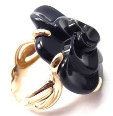 Chanel Camelia Black Onyx Gold Medium Flower Ring