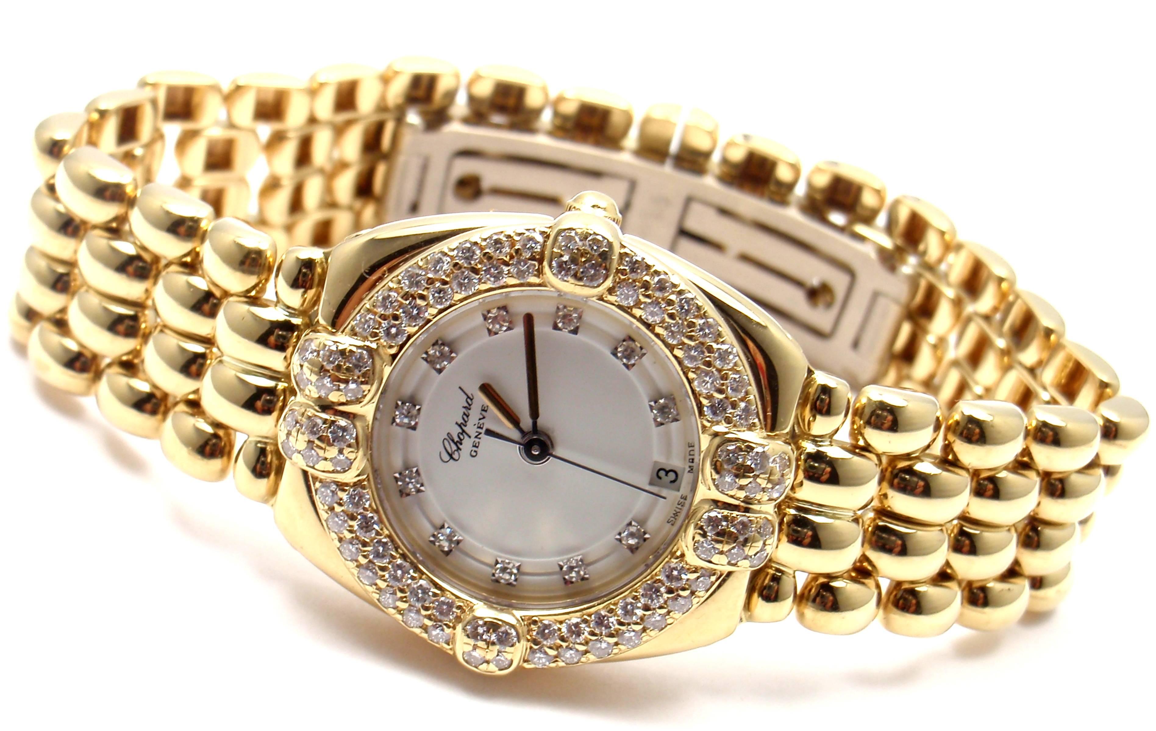 Chopard Ladies 18k yellow gold and diamond Gstaad wristwatch, Ref. 32/5120 11. 

Chopard Gstaad in 18k yellow gold. Reference: 32/5120 11
Watch quartz. 
Case in 18k yellow gold 24mm
Movement Quartz.
Band in 18k solid yellow gold with fold over