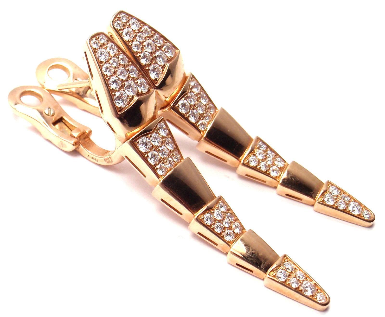 18k Rose Gold Diamond Serpenti Snake Long Earrings by Bulgari. 
With 72 round brilliant cut diamonds VS1 clarity, E color
These earrings are for pierced ears and they come with Bulgari box.

Details:
Measurements: 50mm x 9mm
Weight: 18.2