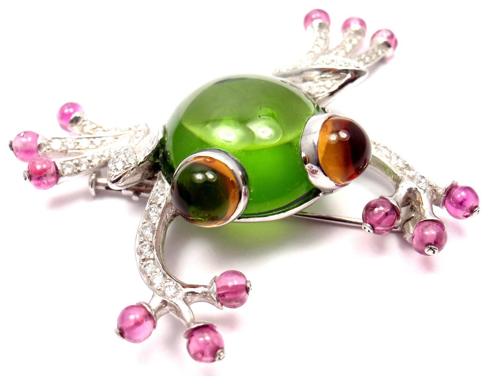 Bulgari Peridot Pink Sapphire Citrine Diamond Gold Frog Pin Brooch 1