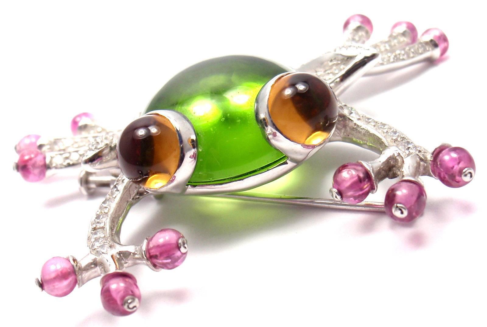 18k White Gold Diamond Peridot Pink Sapphire Citrine  Frog By Bulgari.

With 1 Large Peridot 18mm x 10mm total 29.15ct
12 pink sapphire stones 3mm each
2 citrines 7mm each
60 round brilliant cut diamonds VS1 clarity, E color total weight