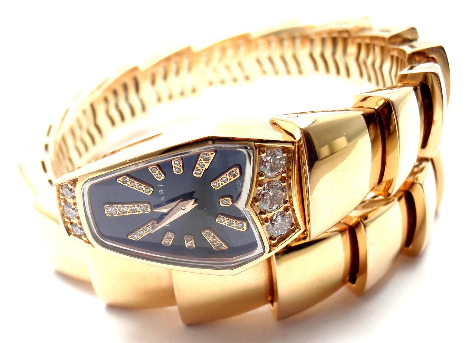 18k rose gold case with a wrap-around 18k rose gold bracelet. 
With 39 round brilliant cut diamonds VS1 clarity, G color total weight approx. .51st
18k Rose Gold Diamond Ladies Watch comes with Bulgari box.
Retail Price: $30,600 plus