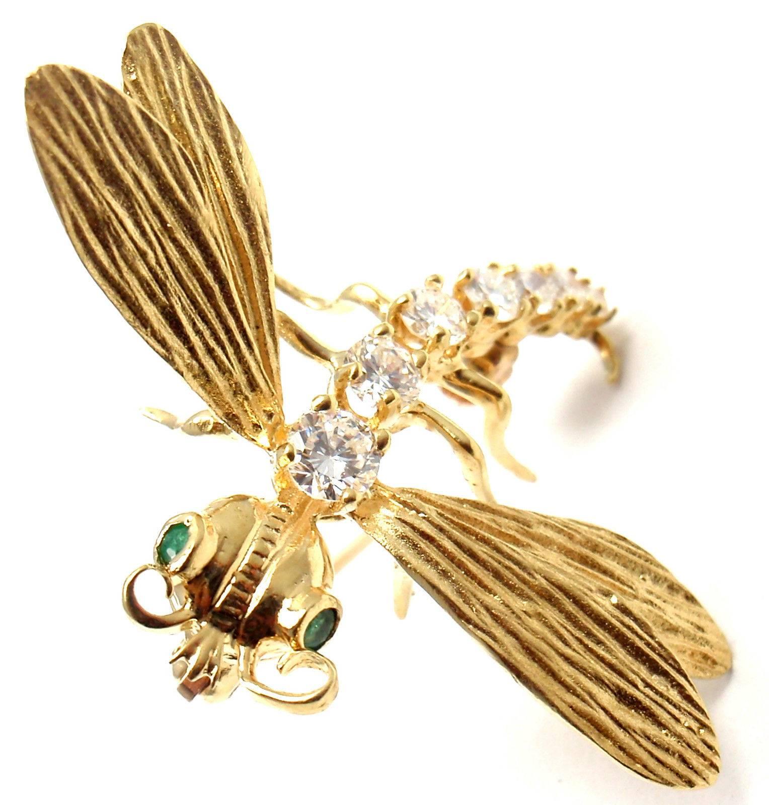 18k Yellow Gold Diamond Dragonfly Pin Brooch by Herbert Rosenthal.
With 7 round brilliant cut diamonds VS1 Clarity, G Color total weight approx. .60ct

Details:
Measurements Brooch: 33mm x 26mm x 9mm
Weight: 3.9 grams
Stamped Hallmarks: HR