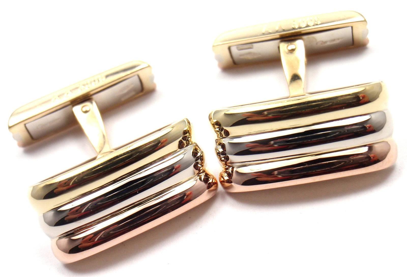 18k Tri-Color Gold Vintage Cufflinks by Cartier. 

Details: 
Measurements: 18mm x 17mm x 22mm
Weight: 15.1 grams
Stamped Hallmarks: Cartier 750 AA3009 1989
*Free Shipping within the United States*

Your Price: $3,000

T1017mmld