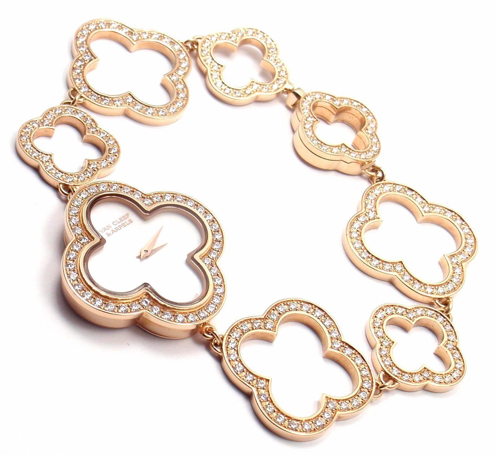 montre Alhambra Vintage en or rose 18k avec cadran en nacre et diamants de Van Cleef & ; Arpels. 

Avec 192 diamants ronds de taille brillant de pureté VVS1:: de couleur F:: d'un poids total de 2::14ct
1 nacre de forme alhambra. 
Montre-bracelet