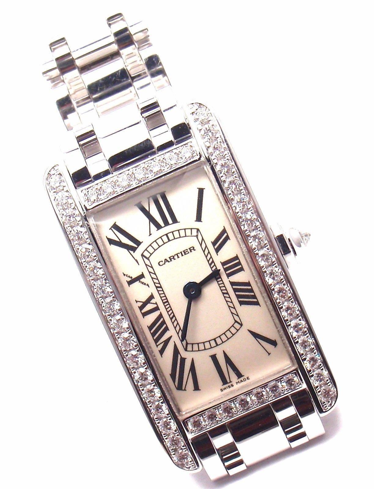 18k white gold and diamonds Tank Americaine Ladies wristwatch, Ref. 2489 113119LX.
With 48 round brilliant cut diamonds VS1 clarity, G color
1 Diamond in the crown
This watch comes with original Cartier box & Papers.

Brand: 18k White Gold